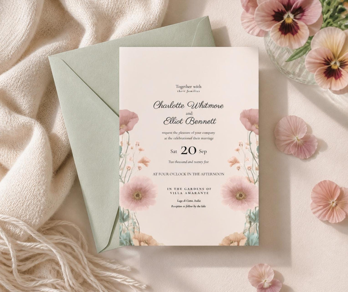 Peach and Sage Wedding Invitation. Botanical Wildflower Invite. Editable Pansy Canva Template, Instant Download