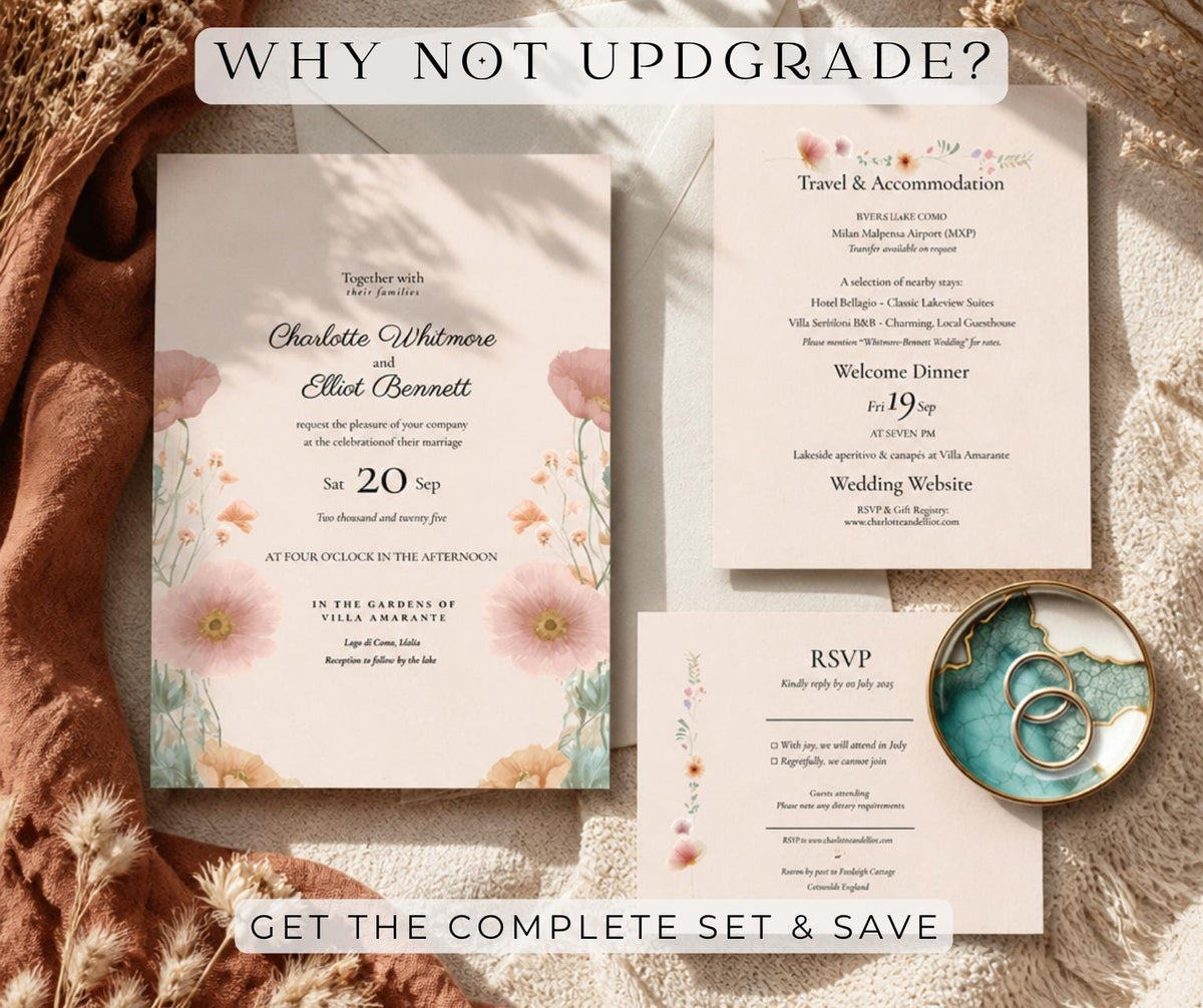Peach and Sage Wedding Invitation. Botanical Wildflower Invite. Editable Pansy Canva Template, Instant Download