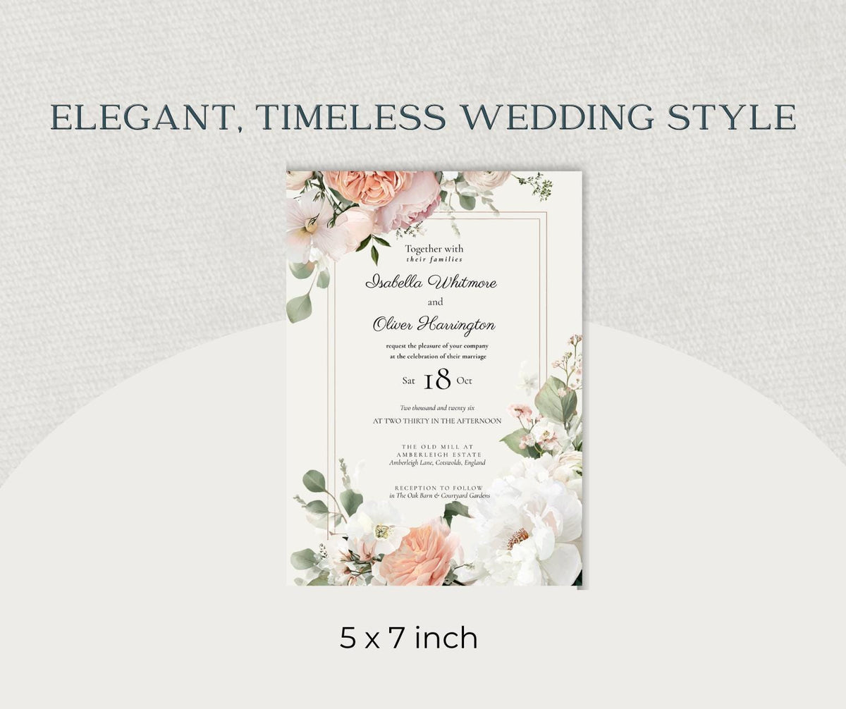 Peach and Cream Wedding Invitation. English Rose Garden Floral Invite, Editable Canva Template, Instant Download.