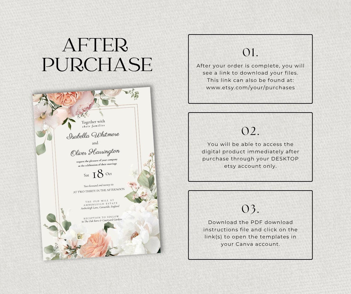 Peach and Cream Wedding Invitation. English Rose Garden Floral Invite, Editable Canva Template, Instant Download.