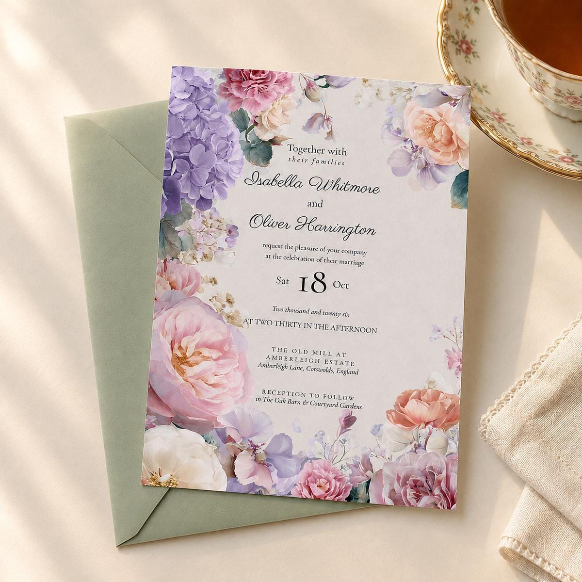 Summer Pastel Wedding Invitation Only. Lavender Blush Editable Template. Cotswolds Estate Printable Invite.