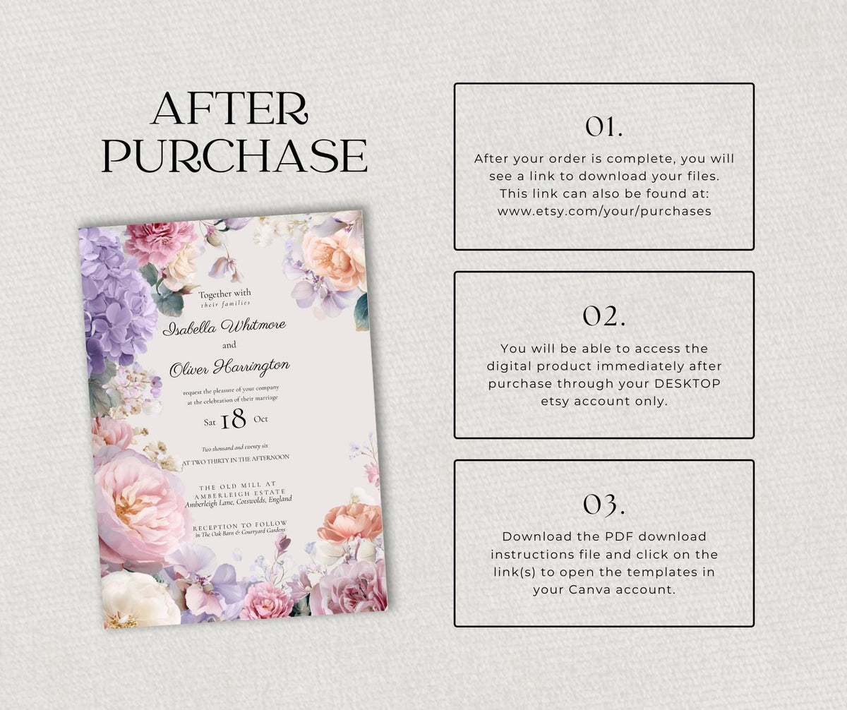 Summer Pastel Wedding Invitation Only. Lavender Blush Editable Template. Cotswolds Estate Printable Invite.