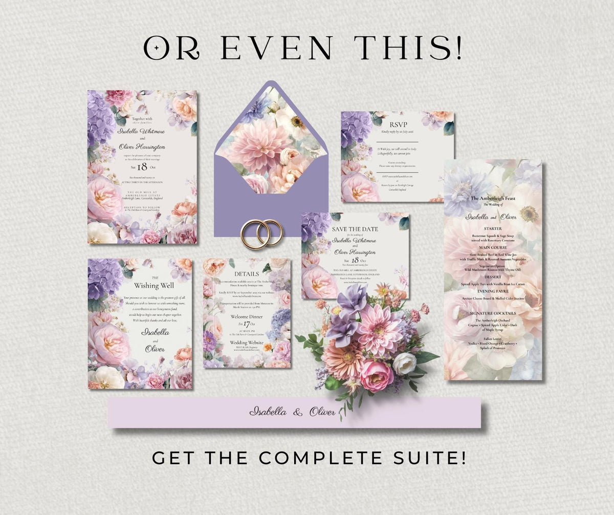 Summer Pastel Wedding Invitation Only. Lavender Blush Editable Template. Cotswolds Estate Printable Invite.