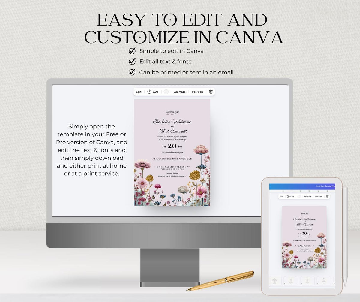 Wildflower Garden Wedding Invitation. Pink and Teal Botanical Invite, Editable Canva Template. Countryside Design.