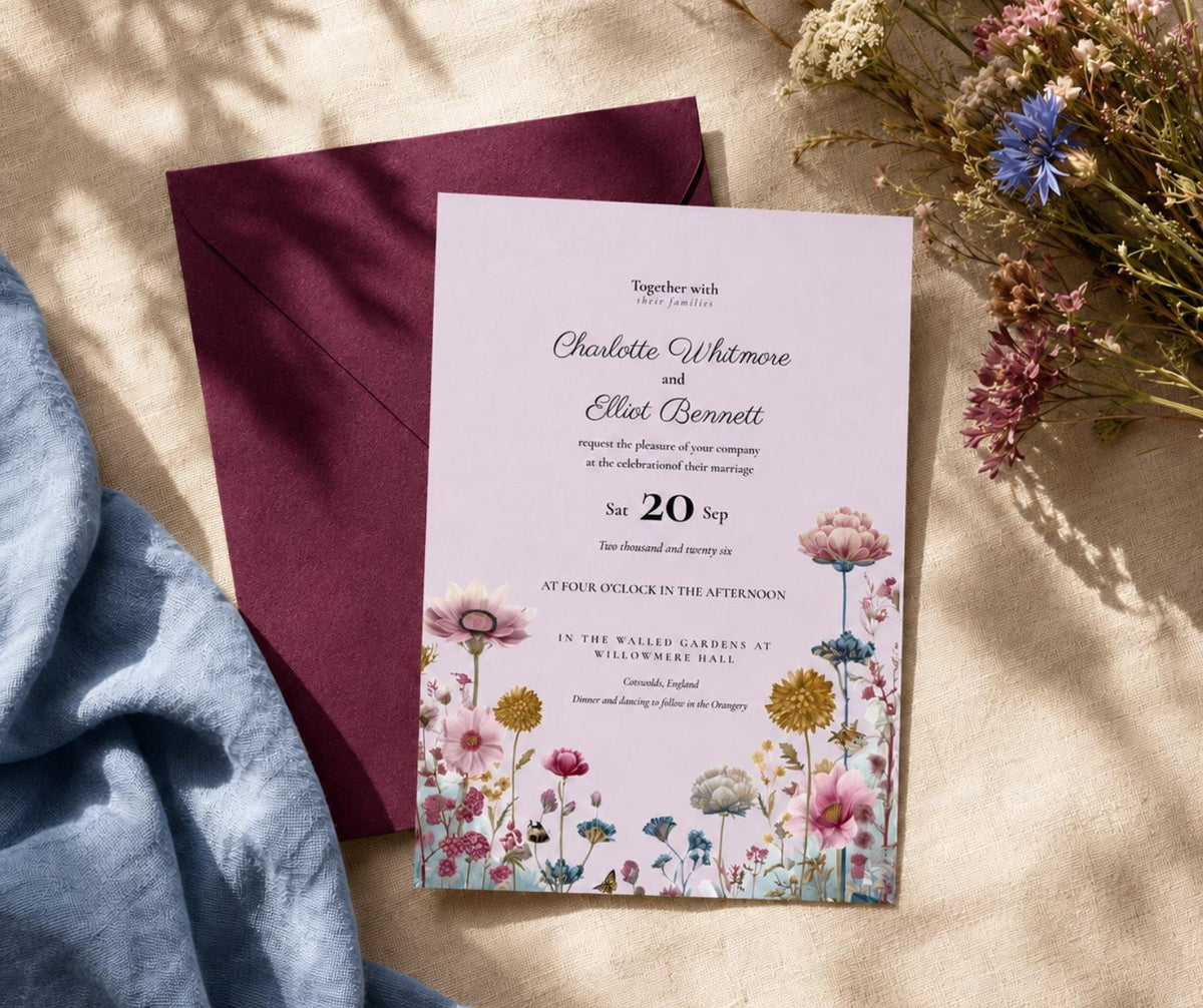 Wildflower Garden Wedding Invitation. Pink and Teal Botanical Invite, Editable Canva Template. Countryside Design.