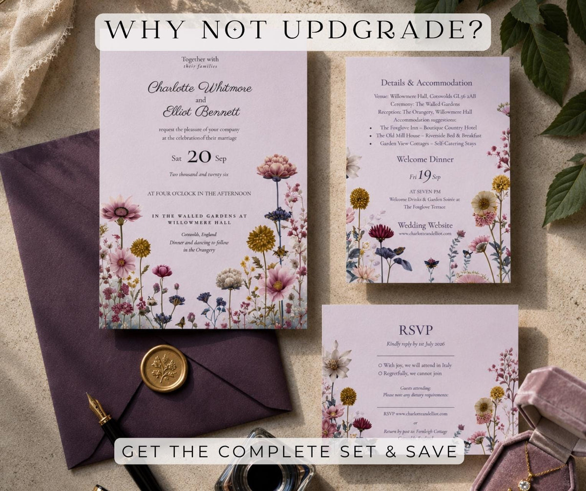 Wildflower Garden Wedding Invitation. Pink and Teal Botanical Invite, Editable Canva Template. Countryside Design.