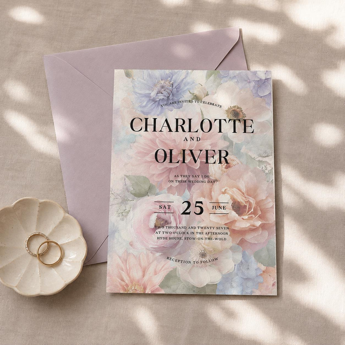 Lilac and Blush Wedding Invitation. Powder Blue and Peach Floral Blooms. Editable Canva Template. Watercolour Printable.