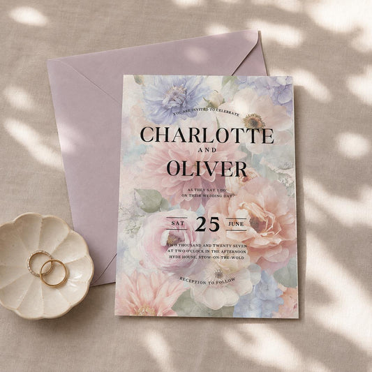 Lilac and Blush Wedding Invitation. Powder Blue and Peach Floral Blooms. Editable Canva Template. Watercolour Printable.