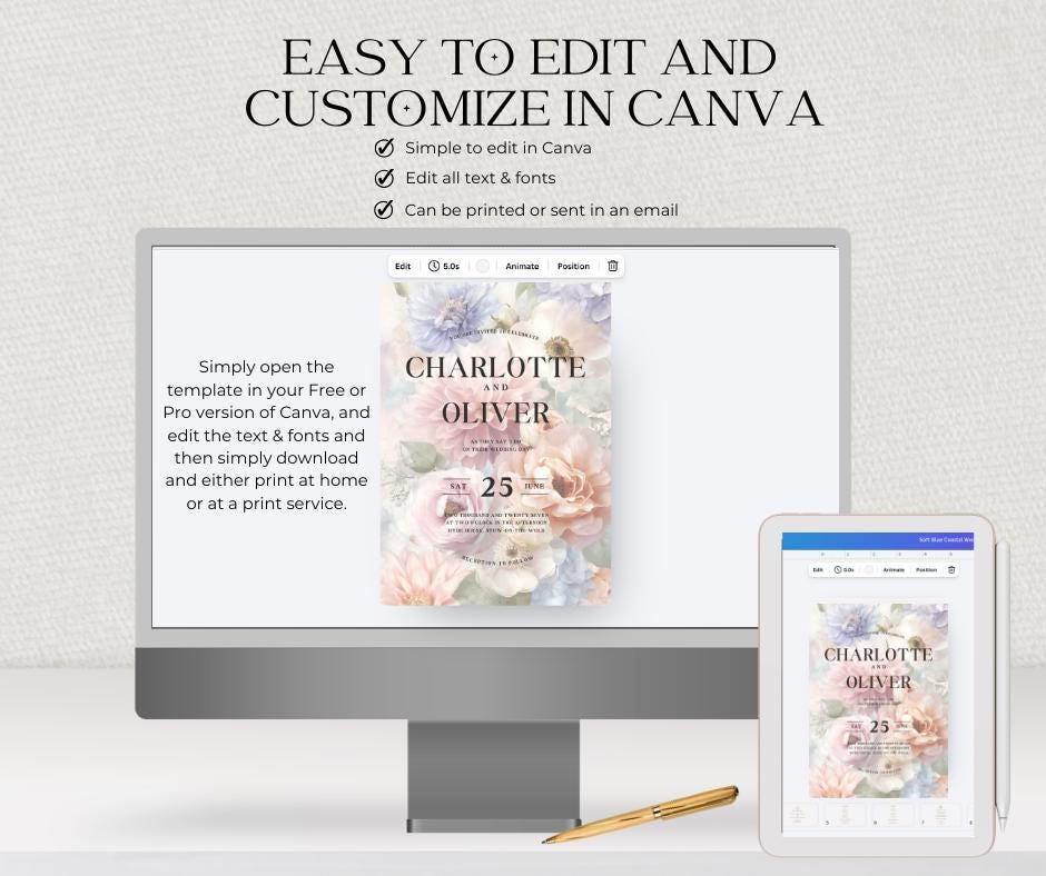 Lilac and Blush Wedding Invitation. Powder Blue and Peach Floral Blooms. Editable Canva Template. Watercolour Printable.