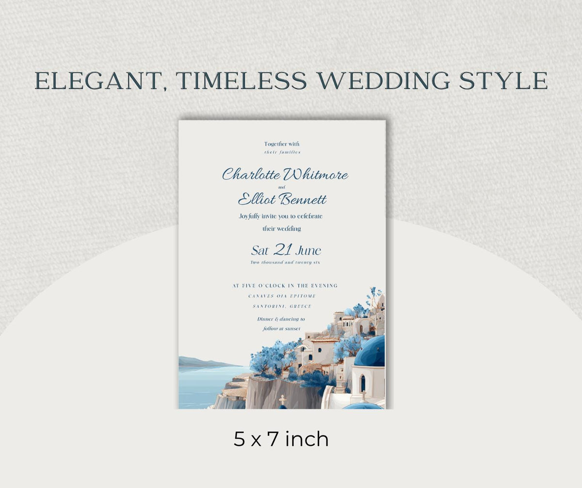Santorini Wedding Invitation. Blue Dome Greek Village Invite, Editable Canva Template, Destination Design.