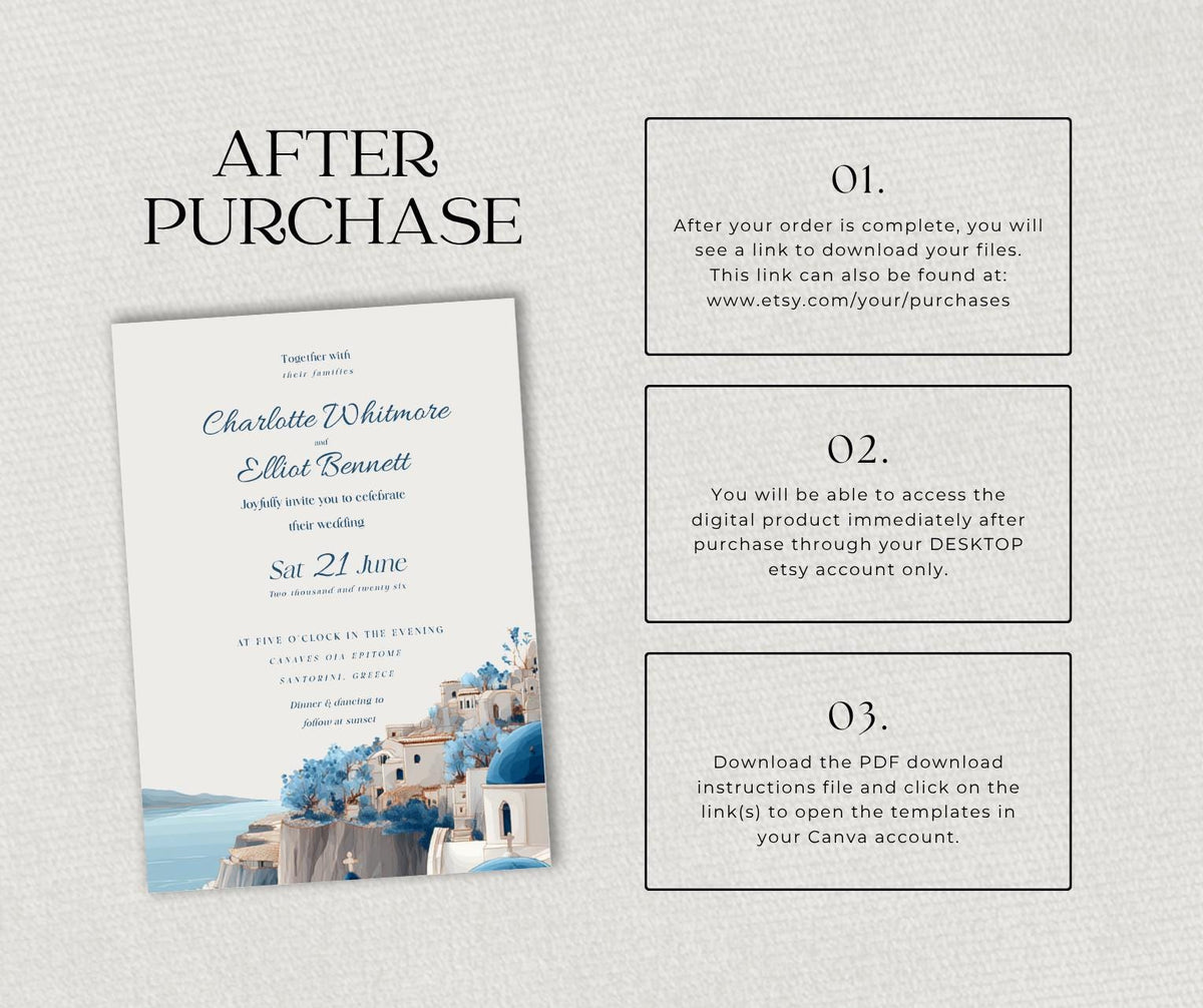 Santorini Wedding Invitation. Blue Dome Greek Village Invite, Editable Canva Template, Destination Design.