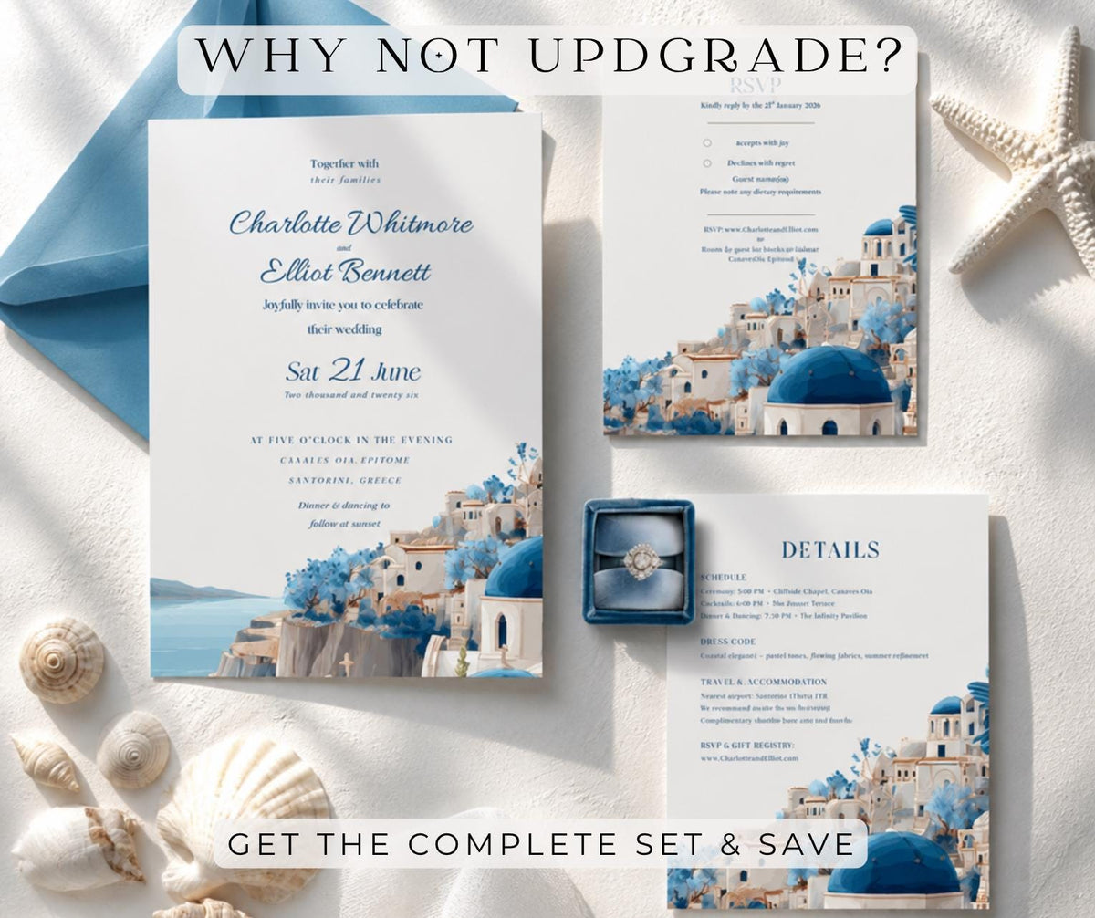 Santorini Wedding Invitation. Blue Dome Greek Village Invite, Editable Canva Template, Destination Design.