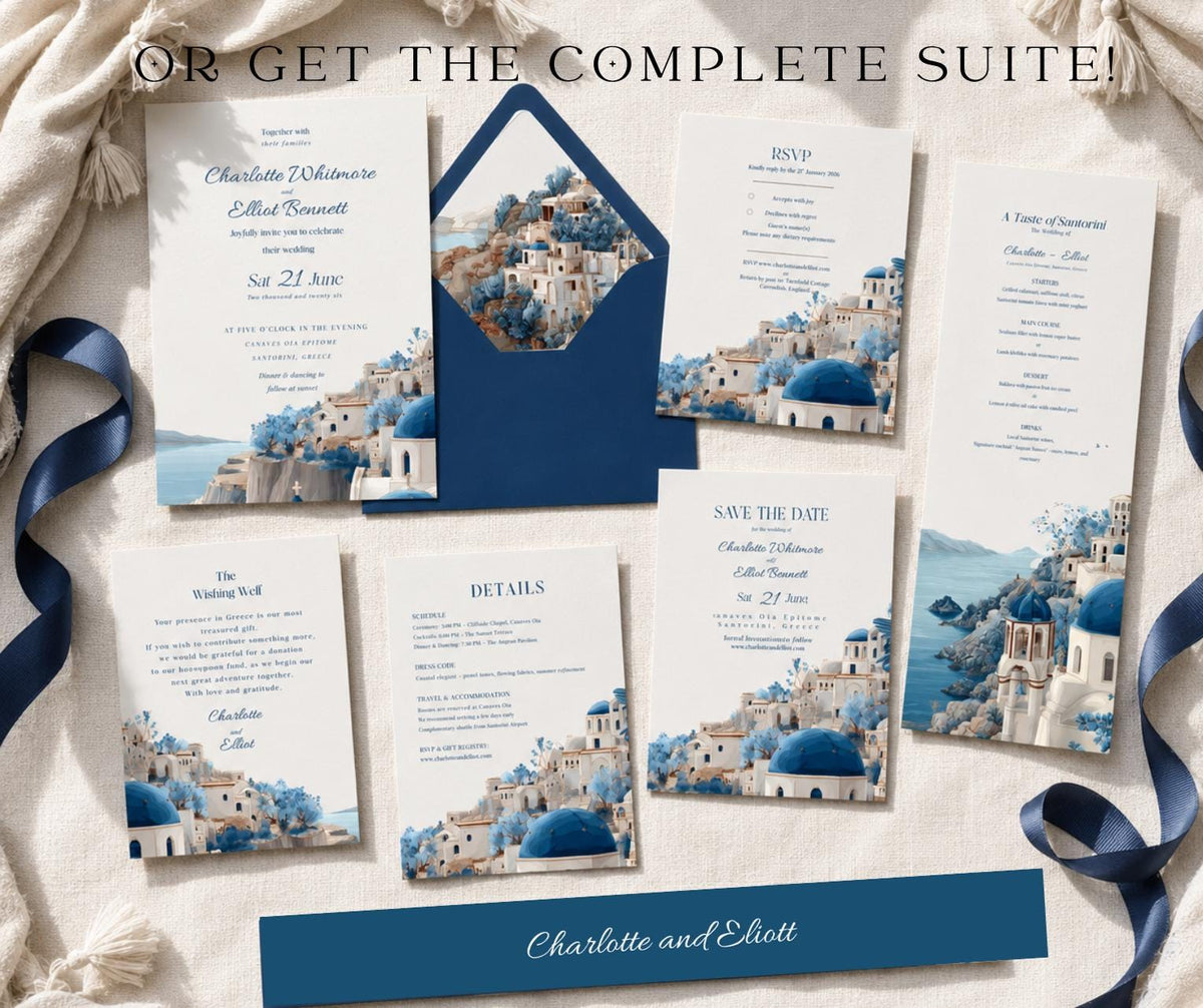Santorini Wedding Invitation. Blue Dome Greek Village Invite, Editable Canva Template, Destination Design.