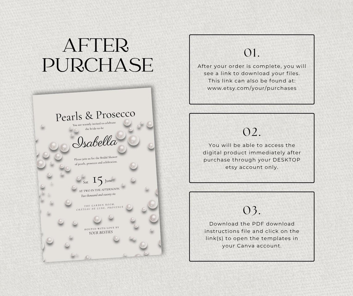 Pearls and Prosecco Bridal Shower Invitation. Elegant Ivory Pearl Invite, Editable Template, Printable Download.
