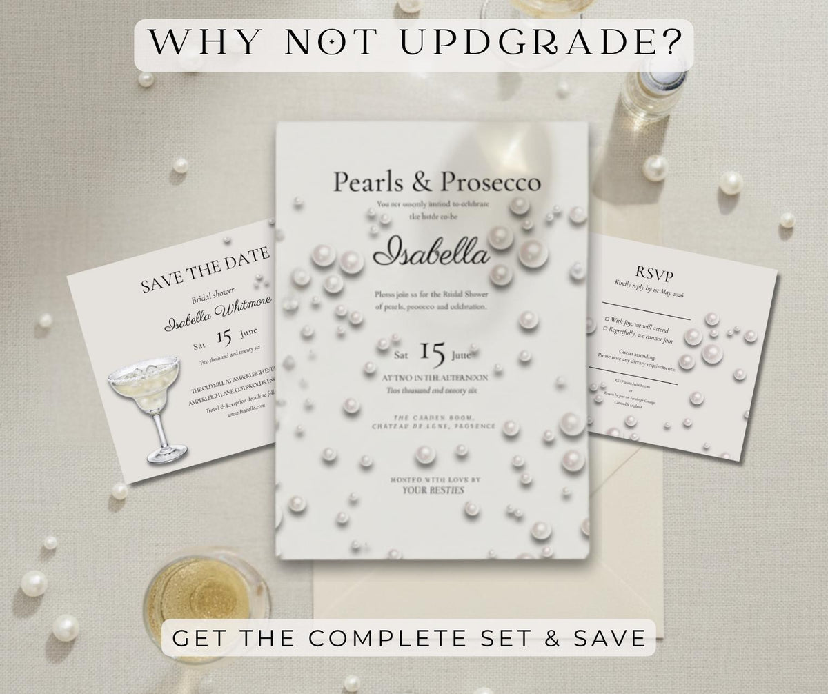 Pearls and Prosecco Bridal Shower Invitation. Elegant Ivory Pearl Invite, Editable Template, Printable Download.
