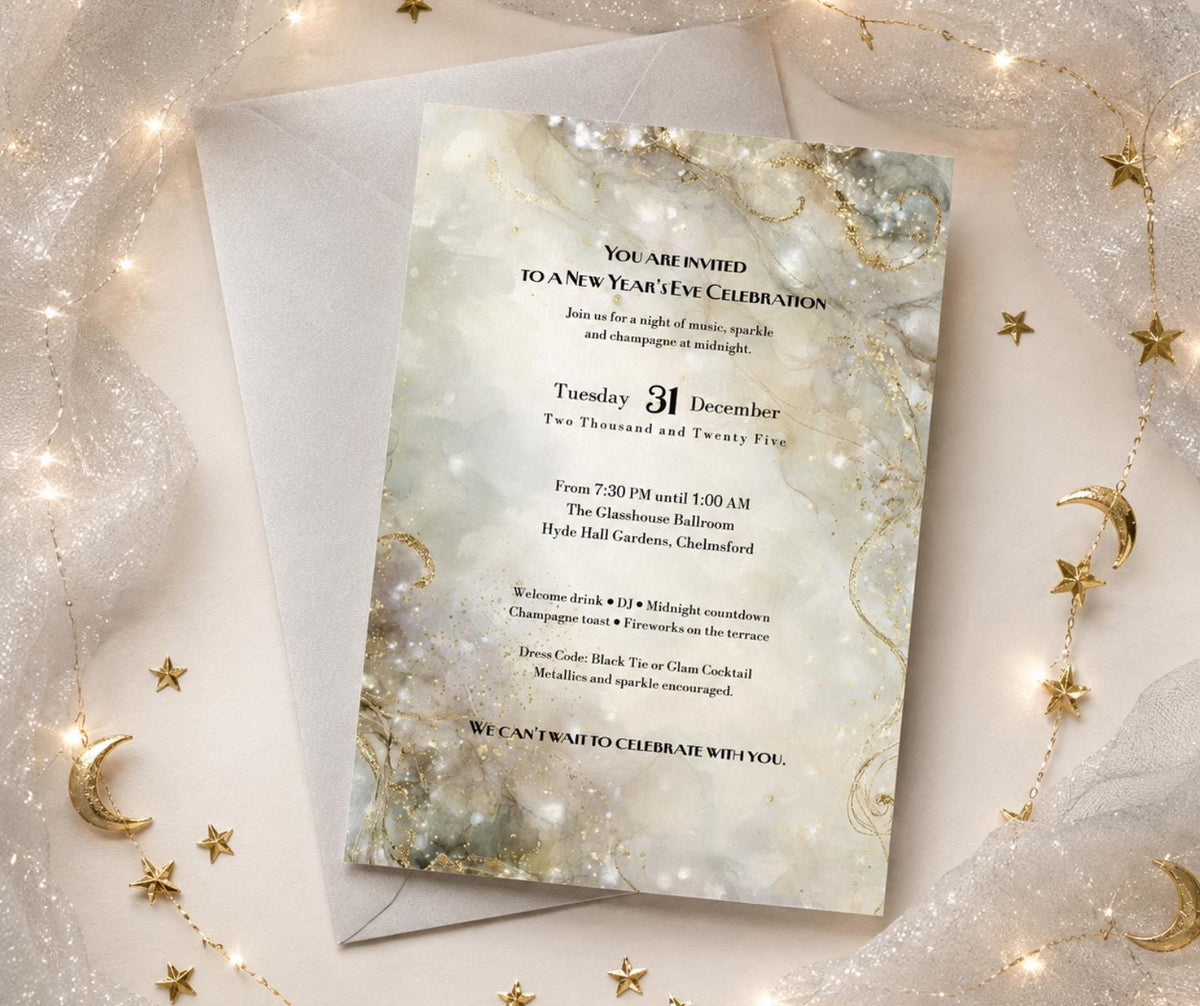 New Year's Eve Party Invitation. Champagne Gold Marble Invite. Editable Canva Template, Black Tie, cocktail Party Design.
