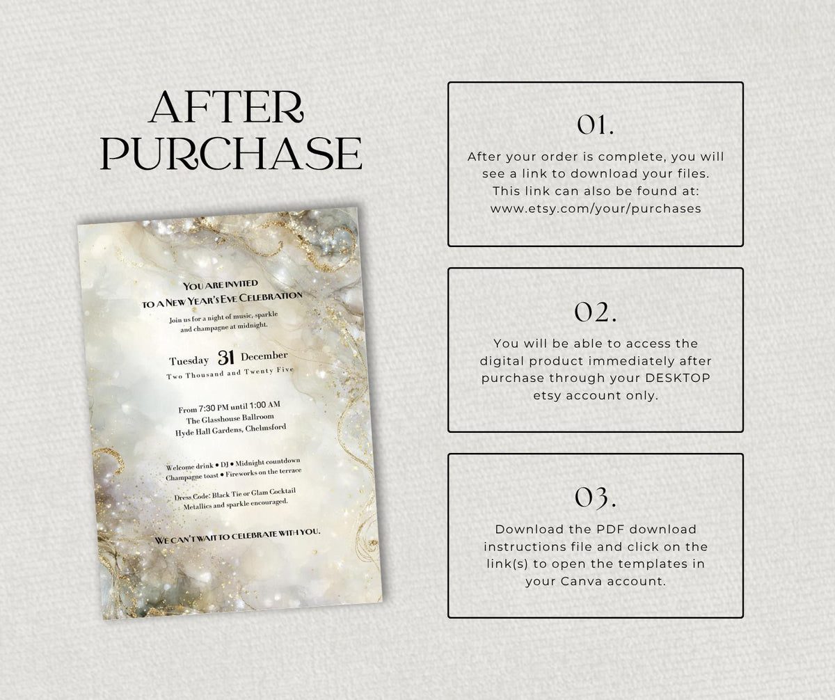New Year's Eve Party Invitation. Champagne Gold Marble Invite. Editable Canva Template, Black Tie, cocktail Party Design.