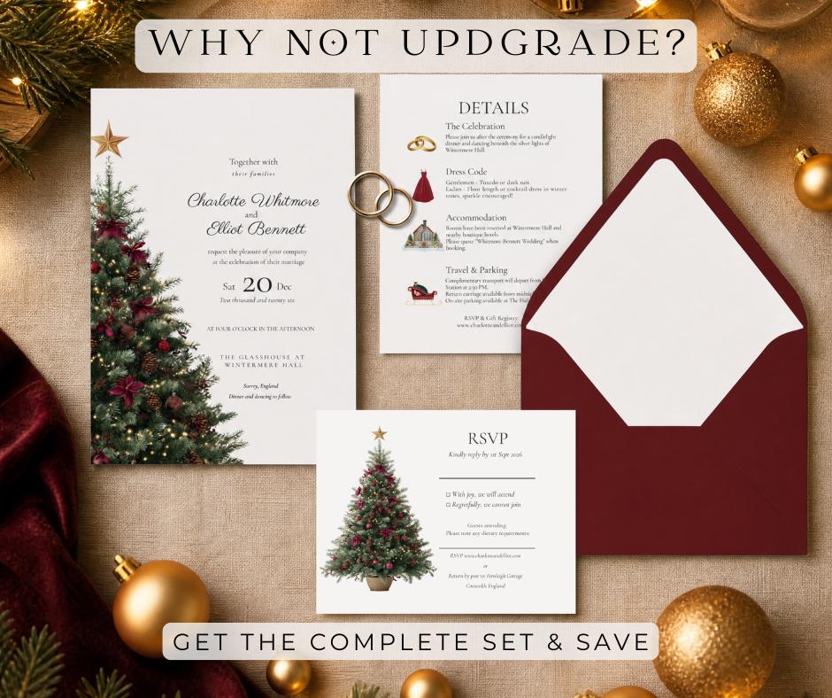 Burgundy and Gold Christmas Wedding Invitation. Editable Winter Invite. Elegant Tree Design. Instant Download Canva Template.