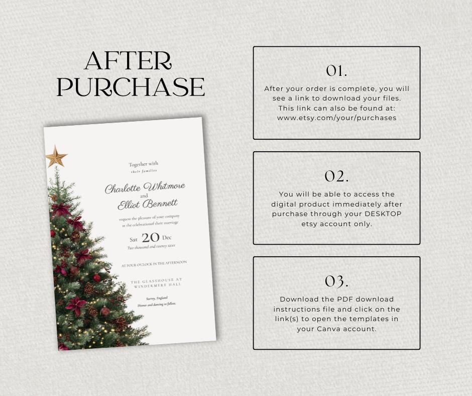 Burgundy and Gold Christmas Wedding Invitation. Editable Winter Invite. Elegant Tree Design. Instant Download Canva Template.
