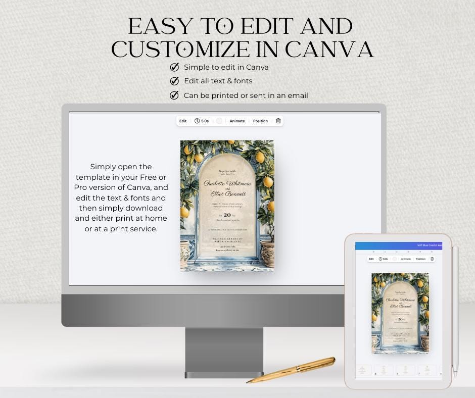 Lake Como Wedding Invitation. Italian Lemon Grove Invite. Blue Tile Villa Wedding Stationery. Editable Canva Template Digital Download.