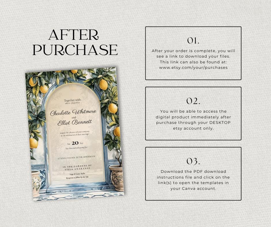 Lake Como Wedding Invitation. Italian Lemon Grove Invite. Blue Tile Villa Wedding Stationery. Editable Canva Template Digital Download.
