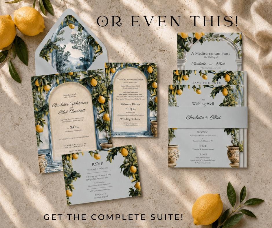 Lake Como Wedding Invitation. Italian Lemon Grove Invite. Blue Tile Villa Wedding Stationery. Editable Canva Template Digital Download.