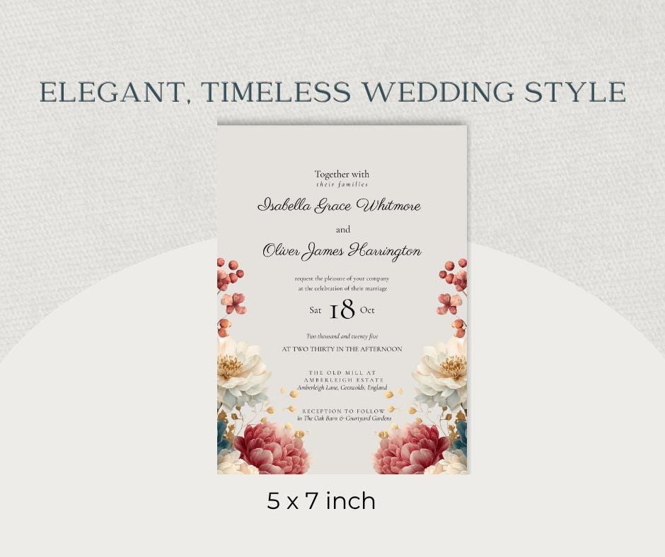 Autumn Wedding Invitation. Burgundy Teal Fall Floral Template, Printable Rustic Invite. Editable Canva Download.