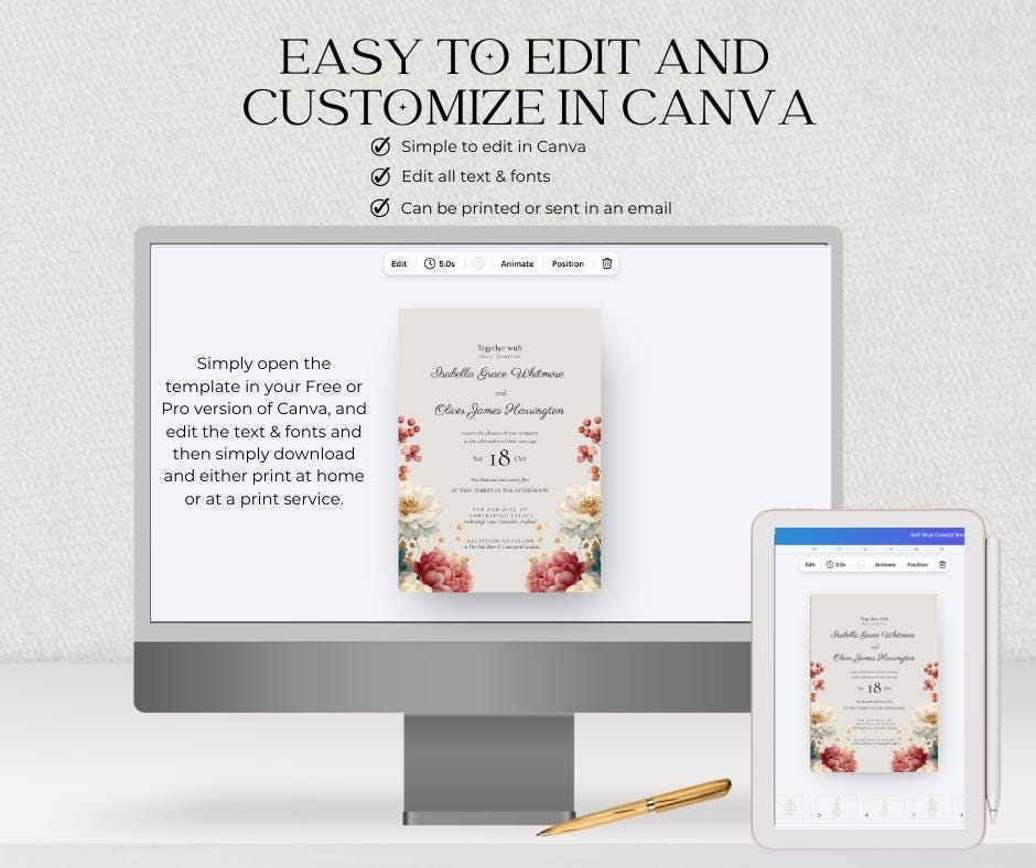 Autumn Wedding Invitation. Burgundy Teal Fall Floral Template, Printable Rustic Invite. Editable Canva Download.