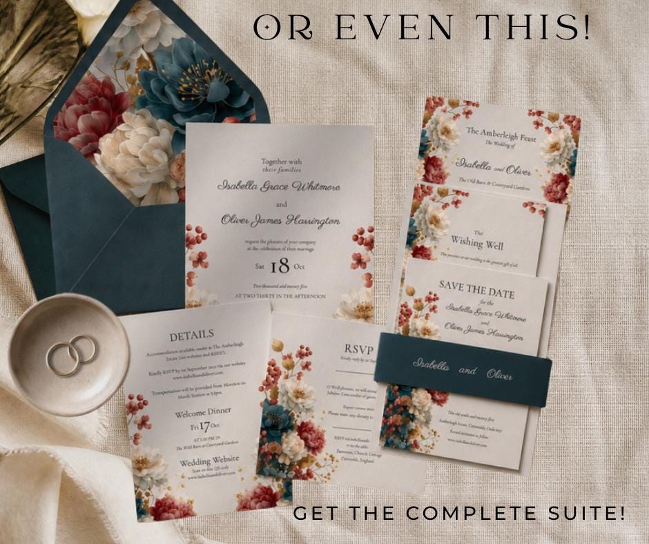 Autumn Wedding Invitation. Burgundy Teal Fall Floral Template, Printable Rustic Invite. Editable Canva Download.