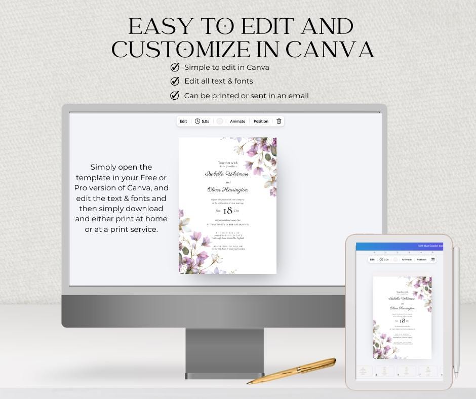 Purple and Sage Floral Wedding Invitation. Lilac Botanical Invite, Editable Canva Template, Digital Download.