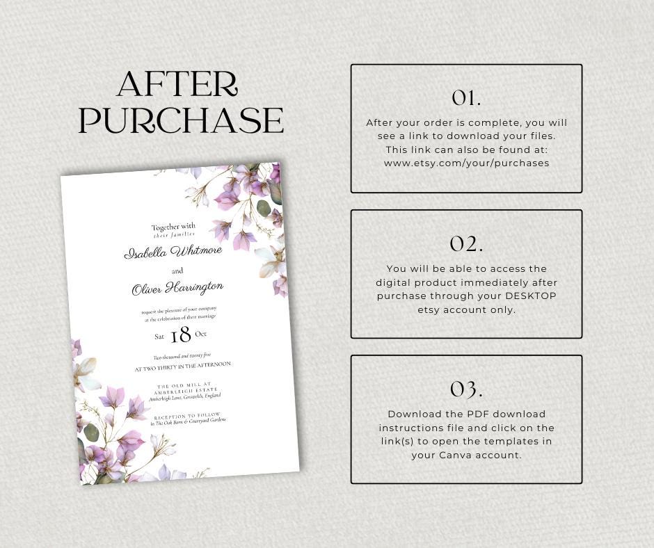 Purple and Sage Floral Wedding Invitation. Lilac Botanical Invite, Editable Canva Template, Digital Download.