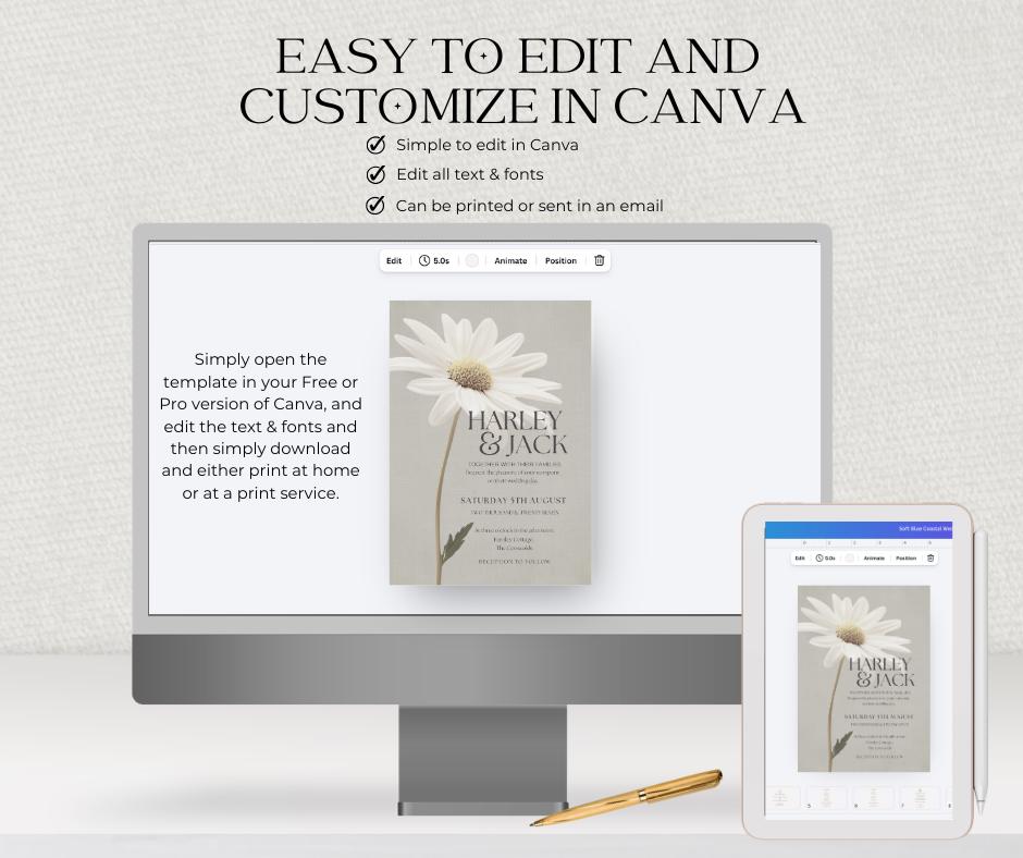 Daisy Wedding Invitation, White Floral Botanical Invite for Spring Summer Weddings, Editable Canva Template, Printable.