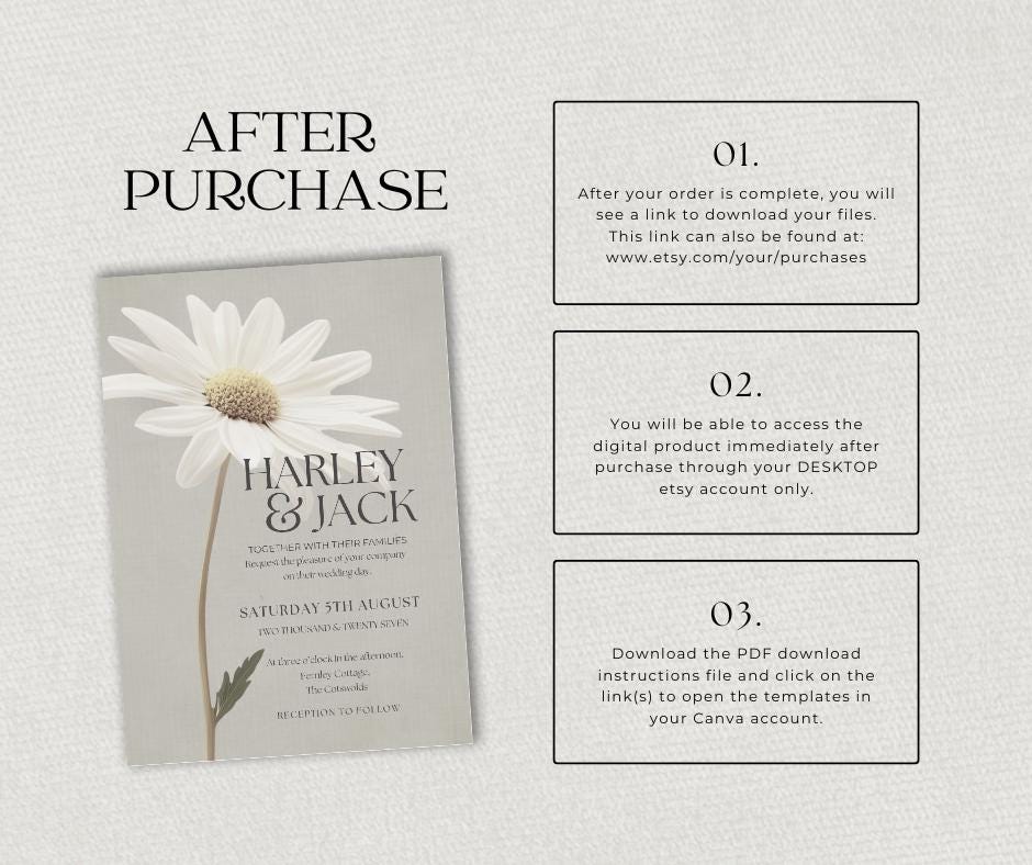 Daisy Wedding Invitation, White Floral Botanical Invite for Spring Summer Weddings, Editable Canva Template, Printable.