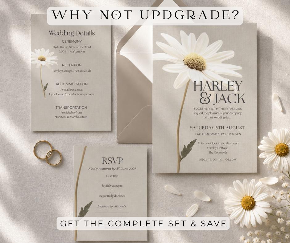 Daisy Wedding Invitation, White Floral Botanical Invite for Spring Summer Weddings, Editable Canva Template, Printable.