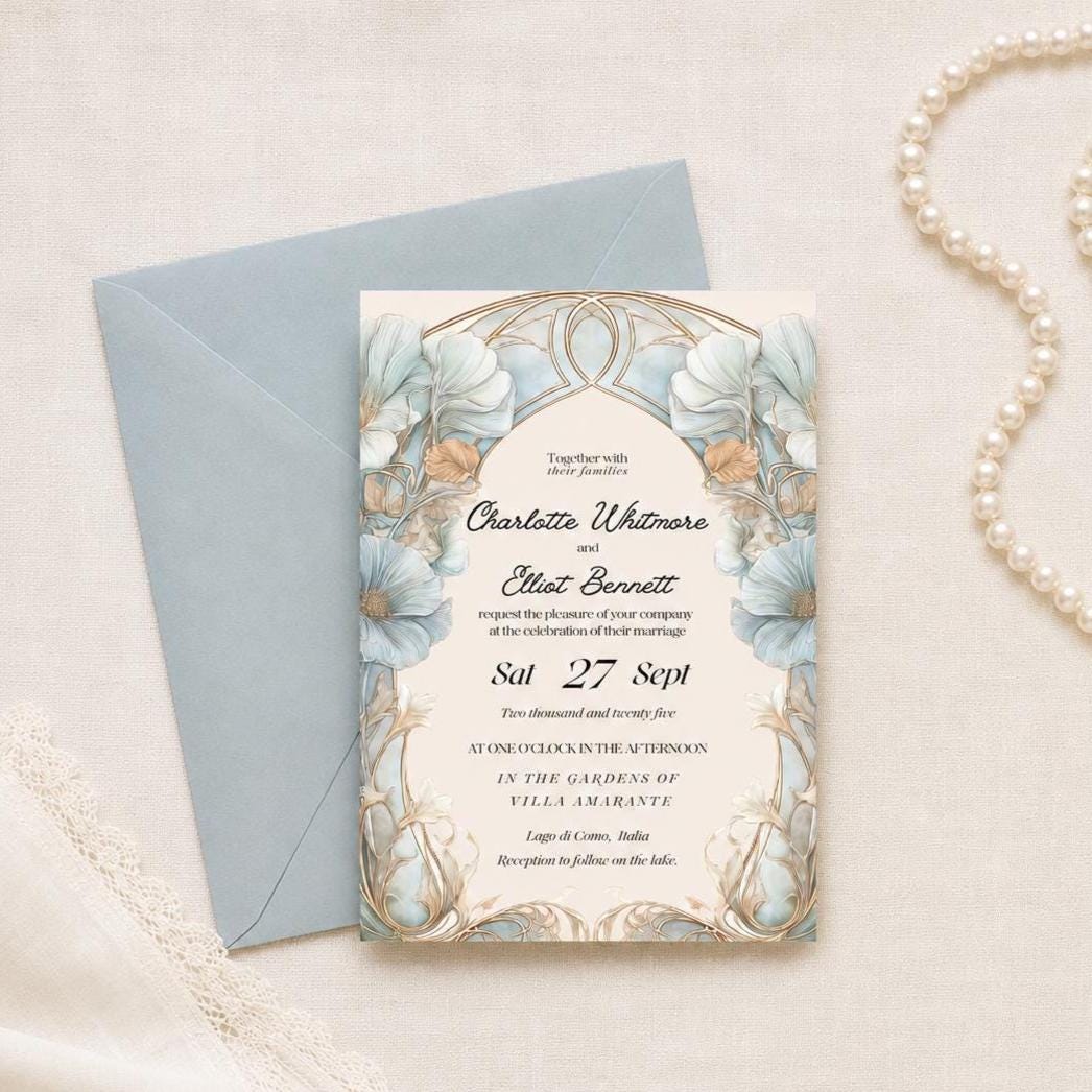 Art Nouveau Wedding Invitation, Pale Blue Botanical Arch Invite, Editable Canva Template, Italian Destination Design.