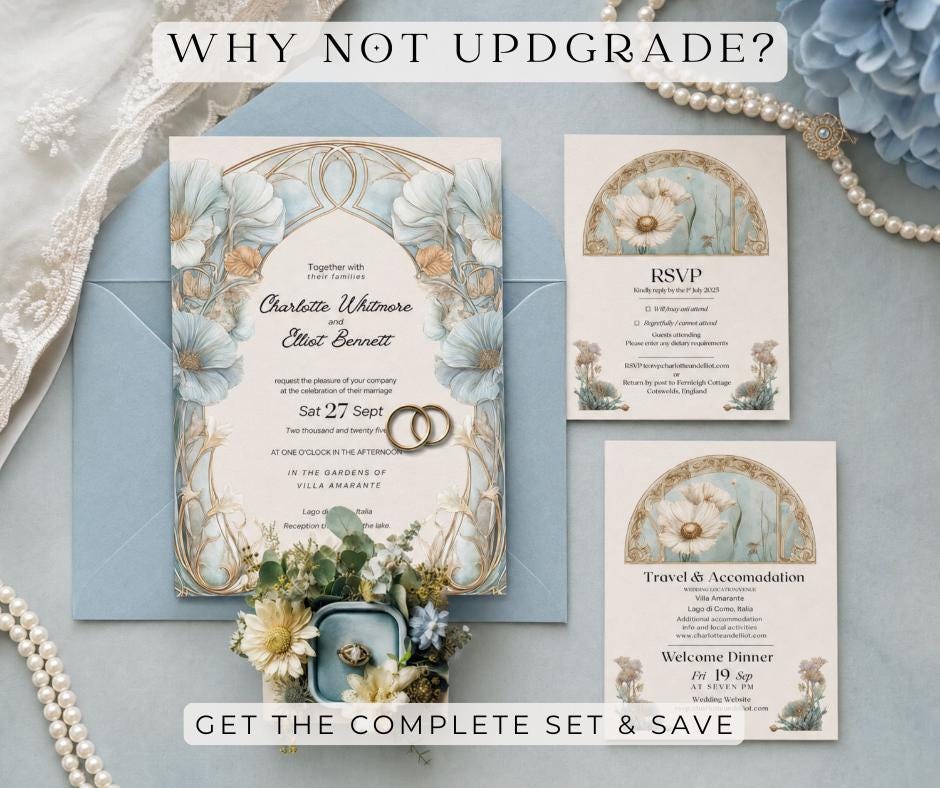 Art Nouveau Wedding Invitation, Pale Blue Botanical Arch Invite, Editable Canva Template, Italian Destination Design.