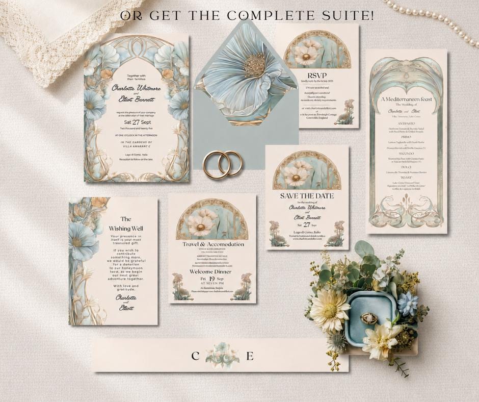 Art Nouveau Wedding Invitation, Pale Blue Botanical Arch Invite, Editable Canva Template, Italian Destination Design.