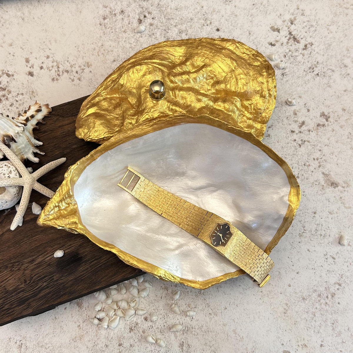 Gold Oyster Shell Jewellery Box with Silver Handle. Large Seashell Coastal Home Decor.
