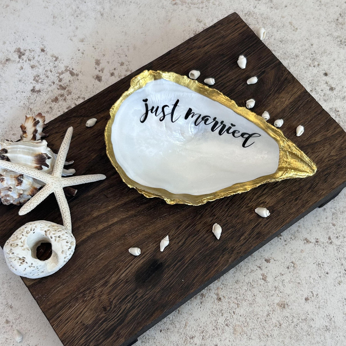 Just Married Natural Oyster Shell Dish. Gold Edged Wedding Ring Holder.