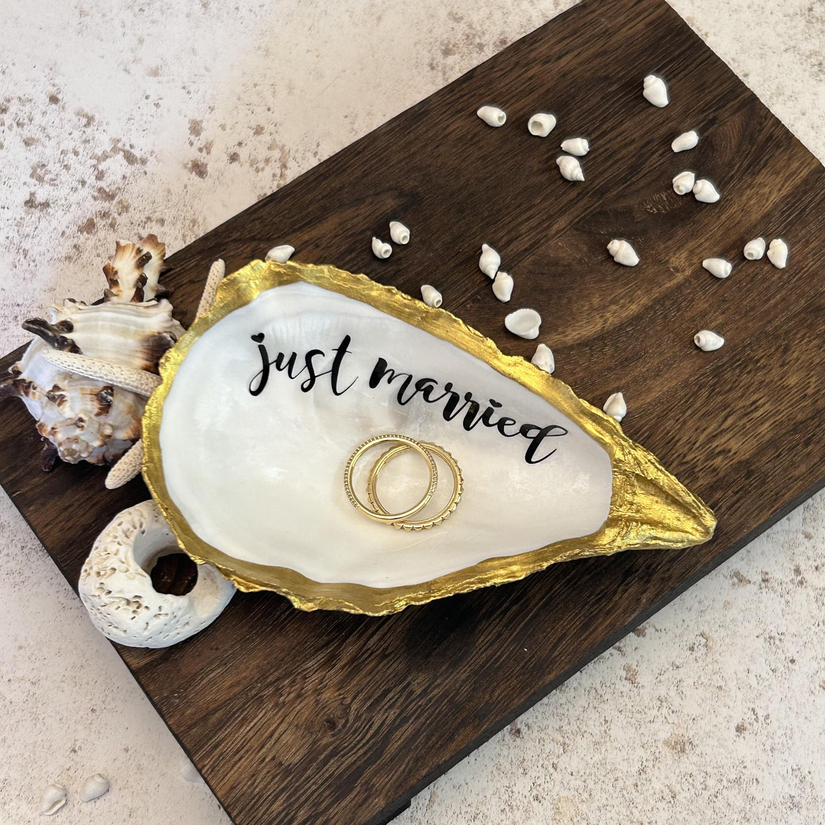 Just Married Natural Oyster Shell Dish. Gold Edged Wedding Ring Holder.