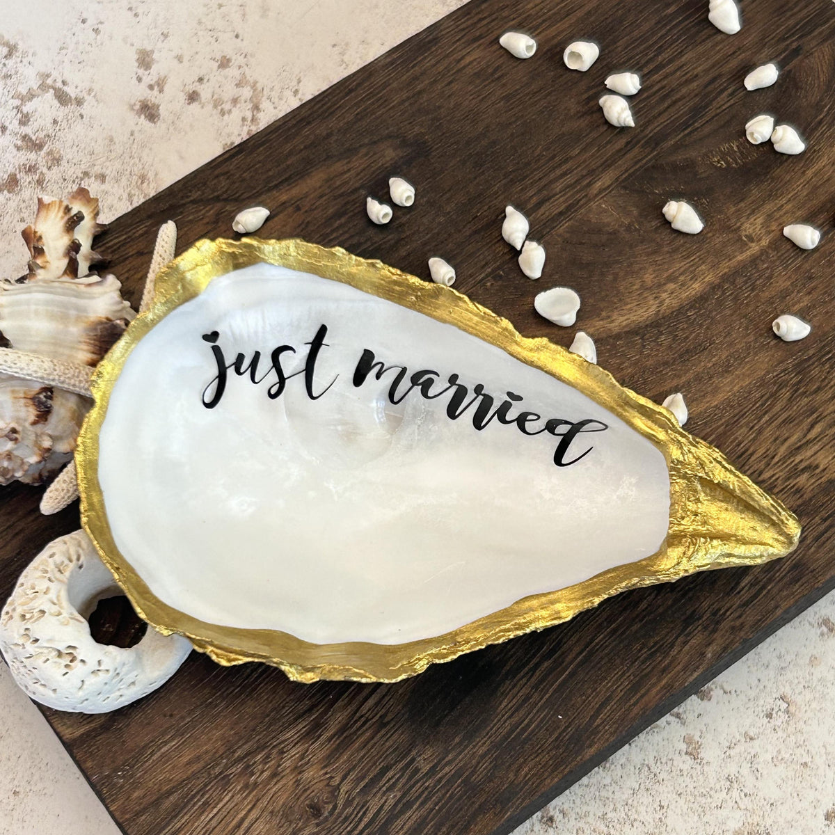 Just Married Natural Oyster Shell Dish. Gold Edged Wedding Ring Holder.