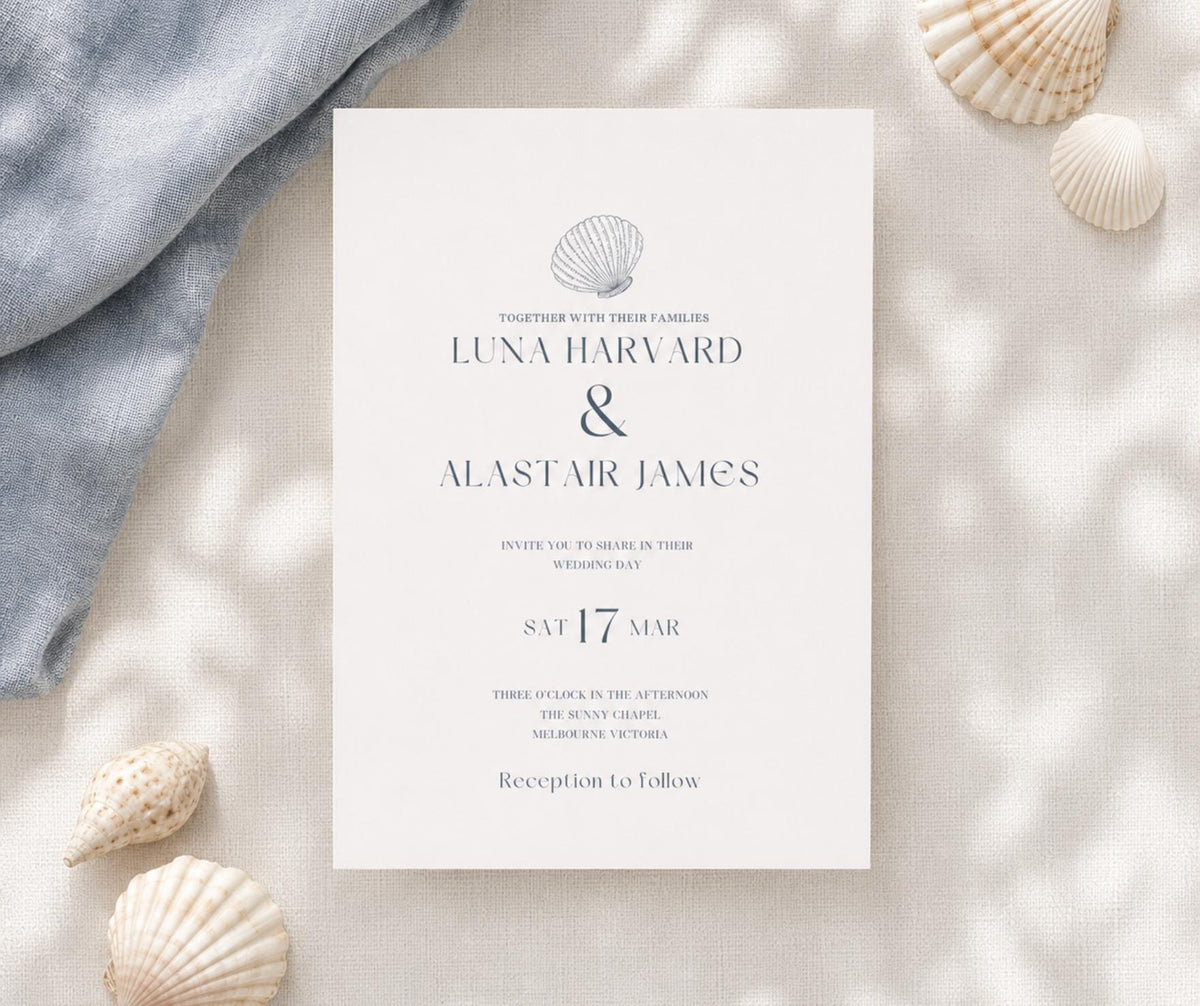 Coastal Wedding Invitation. Scallop Shell Minimalist Invite. Seashell Editable Canva Template, Instant Download.