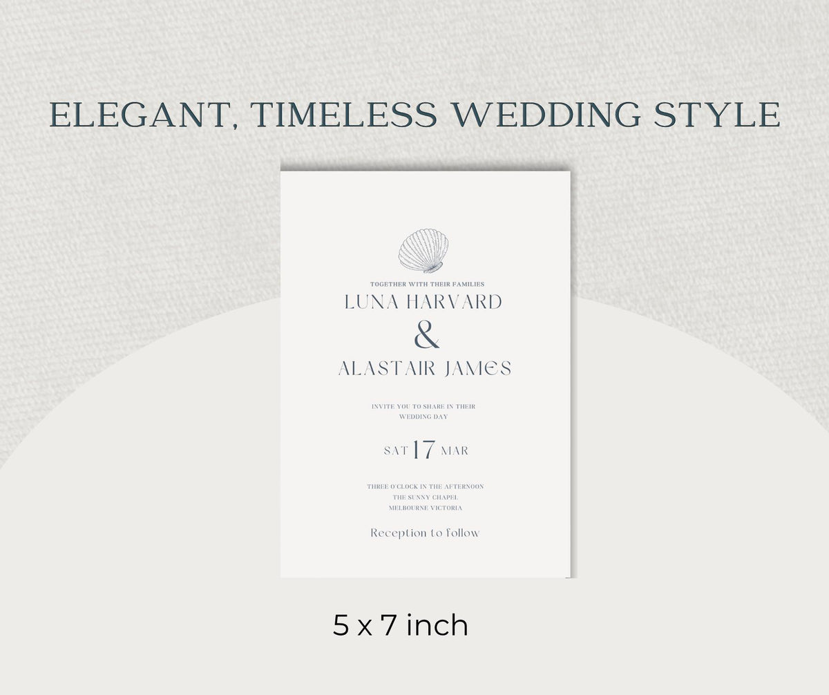 Coastal Wedding Invitation. Scallop Shell Minimalist Invite. Seashell Editable Canva Template, Instant Download.