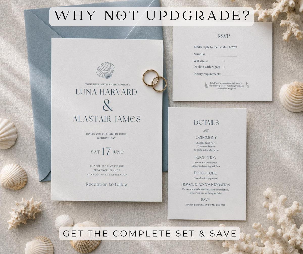 Coastal Wedding Invitation. Scallop Shell Minimalist Invite. Seashell Editable Canva Template, Instant Download.
