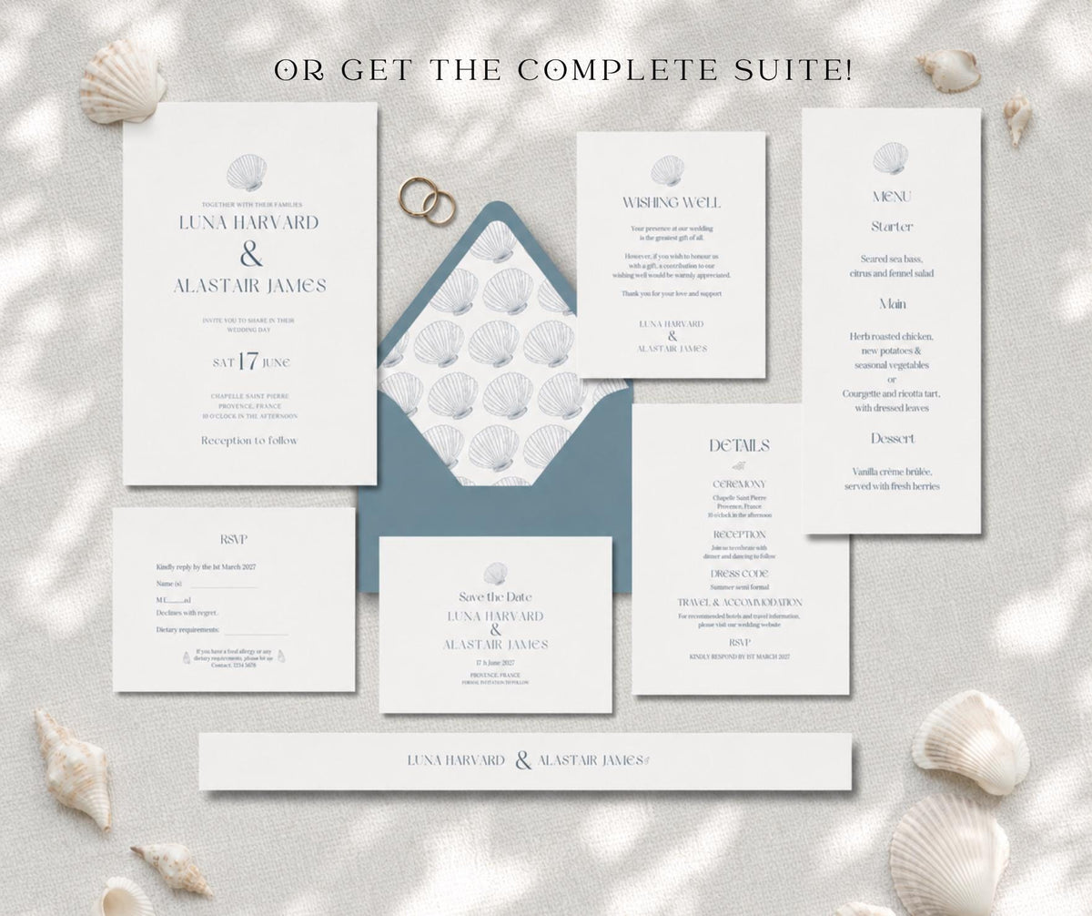 Coastal Wedding Invitation. Scallop Shell Minimalist Invite. Seashell Editable Canva Template, Instant Download.