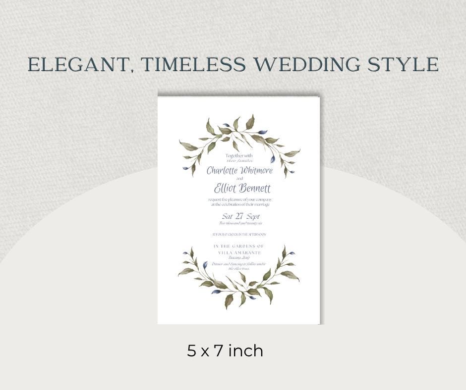 Sage Green and Dusty Blue Leaf Wedding Invitation. Botanical Mediterranean style  Invite. Editable Canva Template, Digital Download.