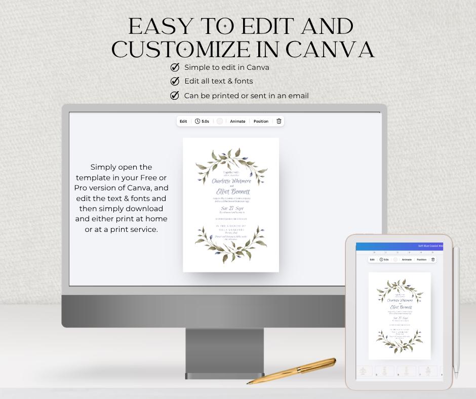 Sage Green and Dusty Blue Leaf Wedding Invitation. Botanical Mediterranean style  Invite. Editable Canva Template, Digital Download.