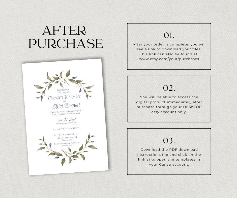 Sage Green and Dusty Blue Leaf Wedding Invitation. Botanical Mediterranean style  Invite. Editable Canva Template, Digital Download.