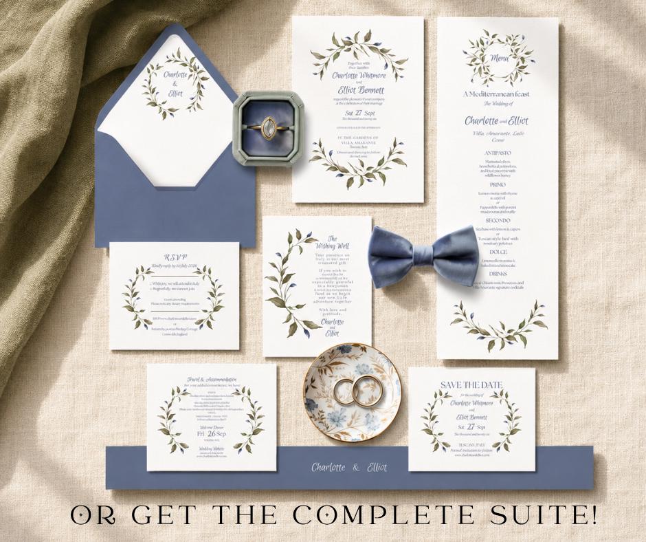 Sage Green and Dusty Blue Leaf Wedding Invitation. Botanical Mediterranean style  Invite. Editable Canva Template, Digital Download.