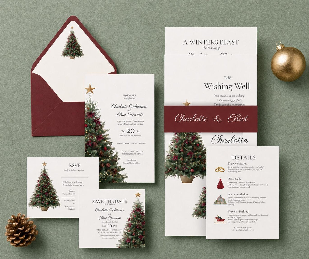 Christmas Tree Wedding Invitation Suite. Burgundy & Gold Winter Wedding Invite. Editable Instant Download set.